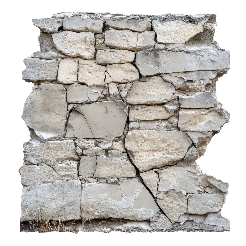 Damaged stone wall with cracks and weathered texture against a Transparent background, damaged orbroken stone wall,White background png