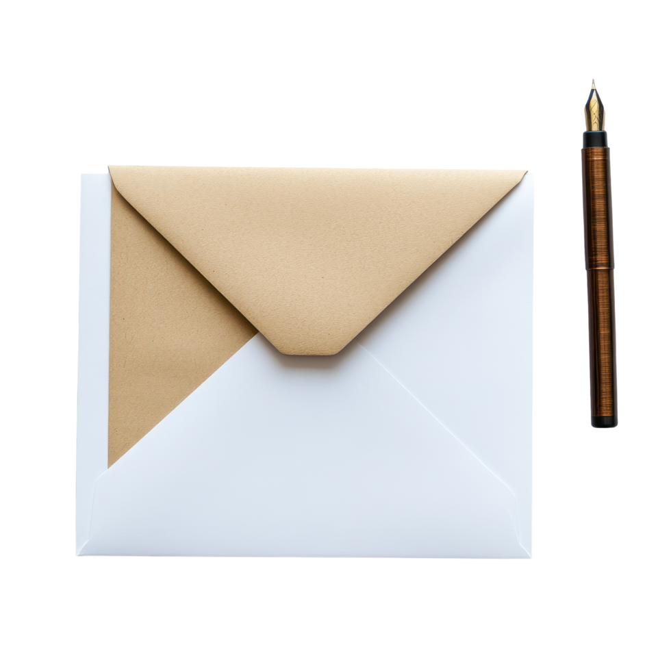 Elegant envelope and pen arranged on a white surface for correspondence or note taking activities, White Page with Envelope and Pen Transparent background png