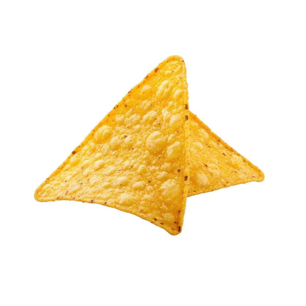 Single nacho chip on a Transparent background showcasing its crispy texture and triangular shape, Single nacho chip isolated on background png