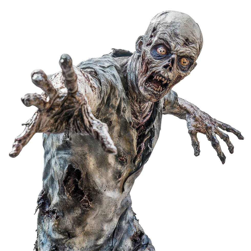 Male zombie reaching out in a terrifying pose against a Transparent background, Male Zombie Reaching Out on background Scary Undead Creature, background png