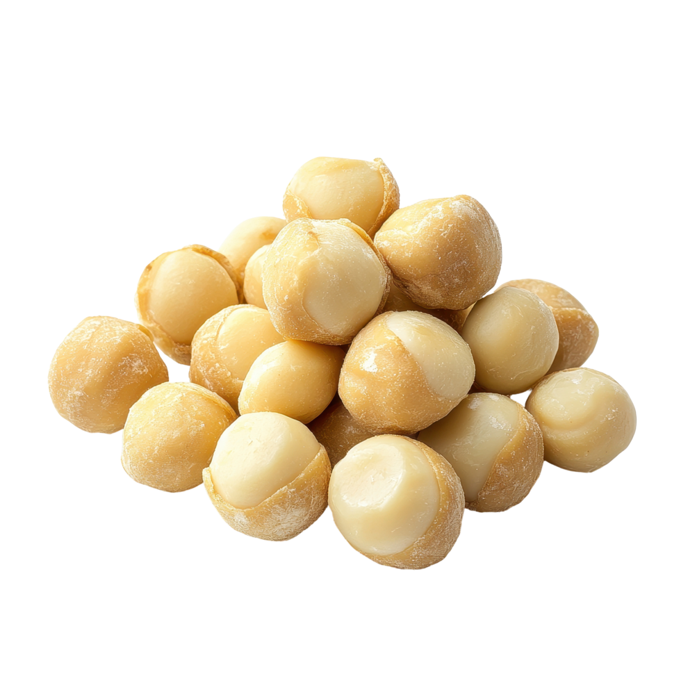 Macadamia nuts arranged in a pile on a clean Transparent background showcasing their natural beauty and texture, macadamia nuts isolated on background png