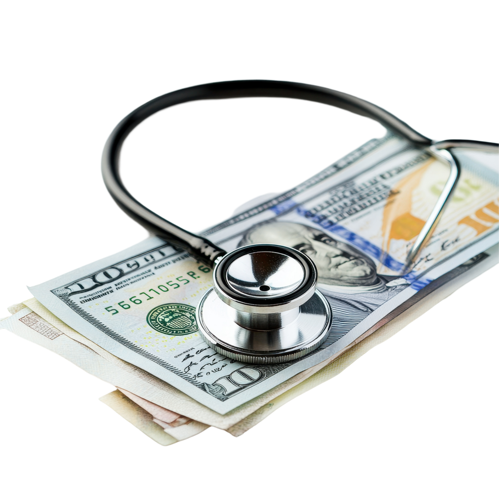 Stethoscope resting on banknotes signifies the connection between healthcare and financial concerns, Stethoscope on Banknotes, Transparent background png