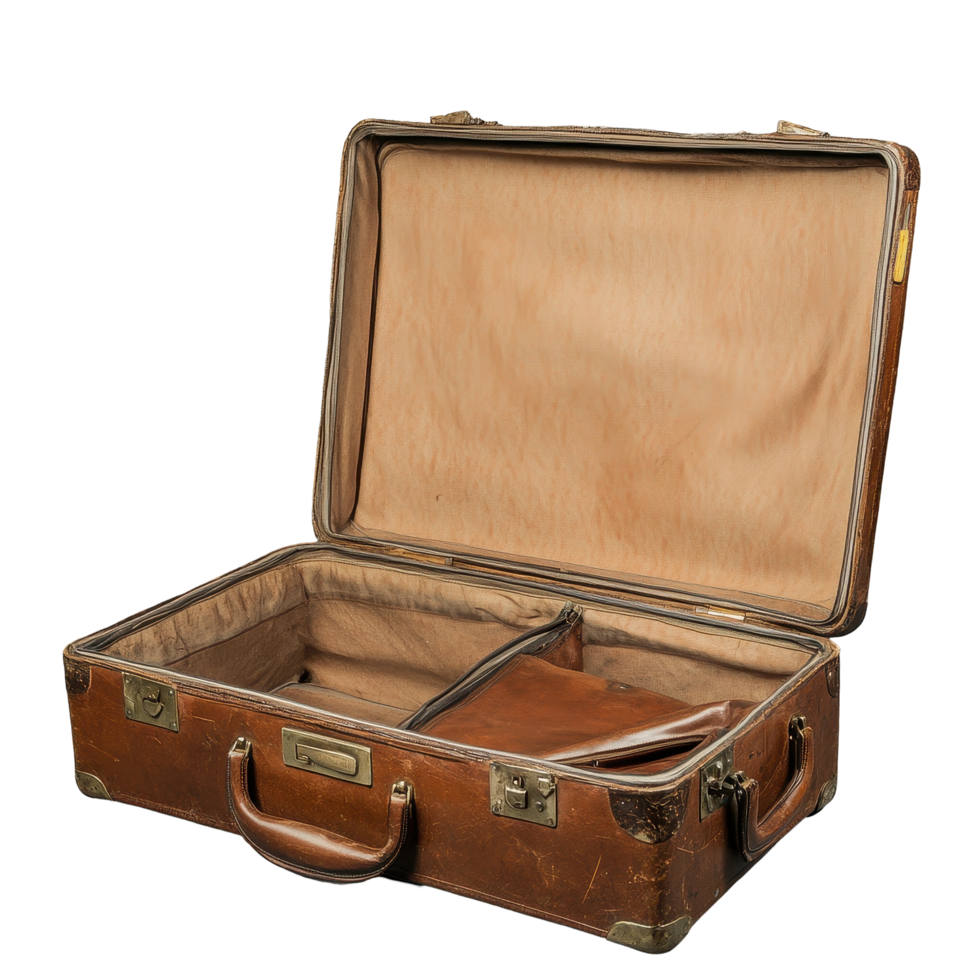 Old used brown travel suitcase open, revealing empty compartments and vintage style, Open old Used brown travel Suitcase png