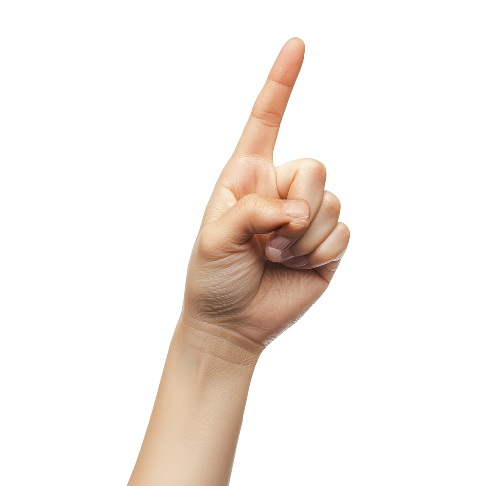 Hand gesture signaling importance with a finger raised against a plain white background, Hand gesture isolated white background png
