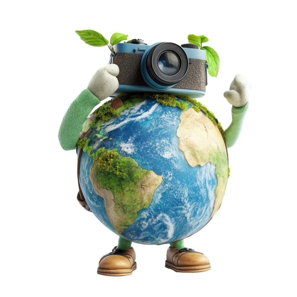 Globetrotting Earth character explores the world with a camera, showcasing love for travel and nature, Globetrotting Earth Character with Camera Travel Concept on white background png