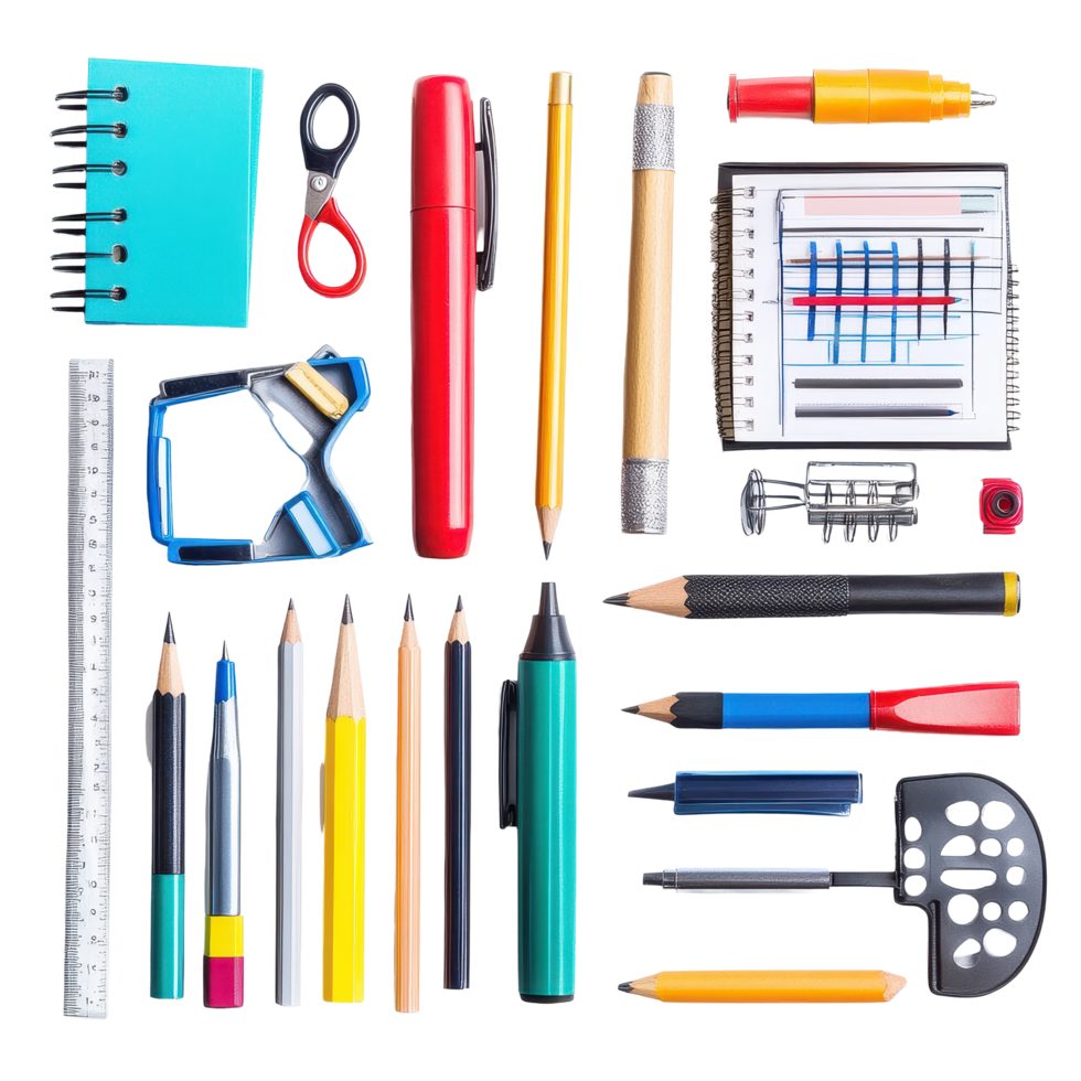 Educational and office supplies arranged from above in a tidy manner for organized workspace, School and office tools. View from above. Isolated on Transparent background png