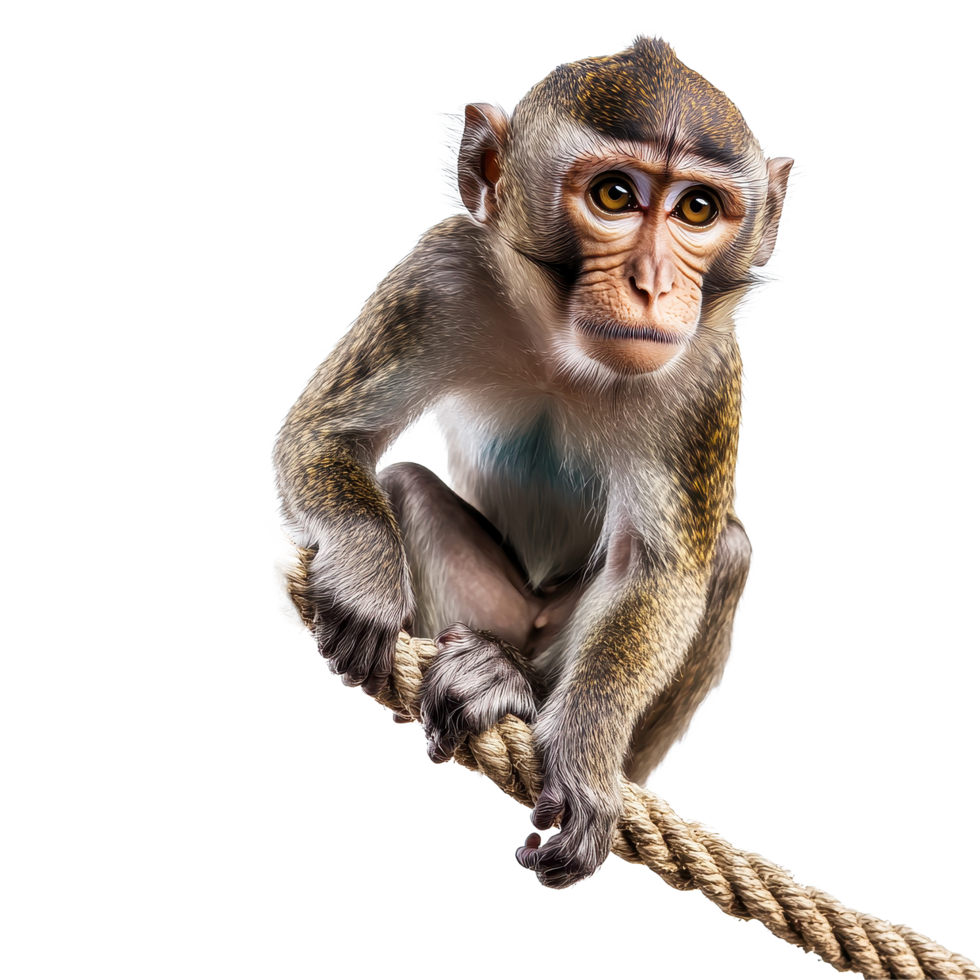 Monkey sits thoughtfully on a rope against a clean, Transparent background, Monkey Sitting On Rope isolated on background png