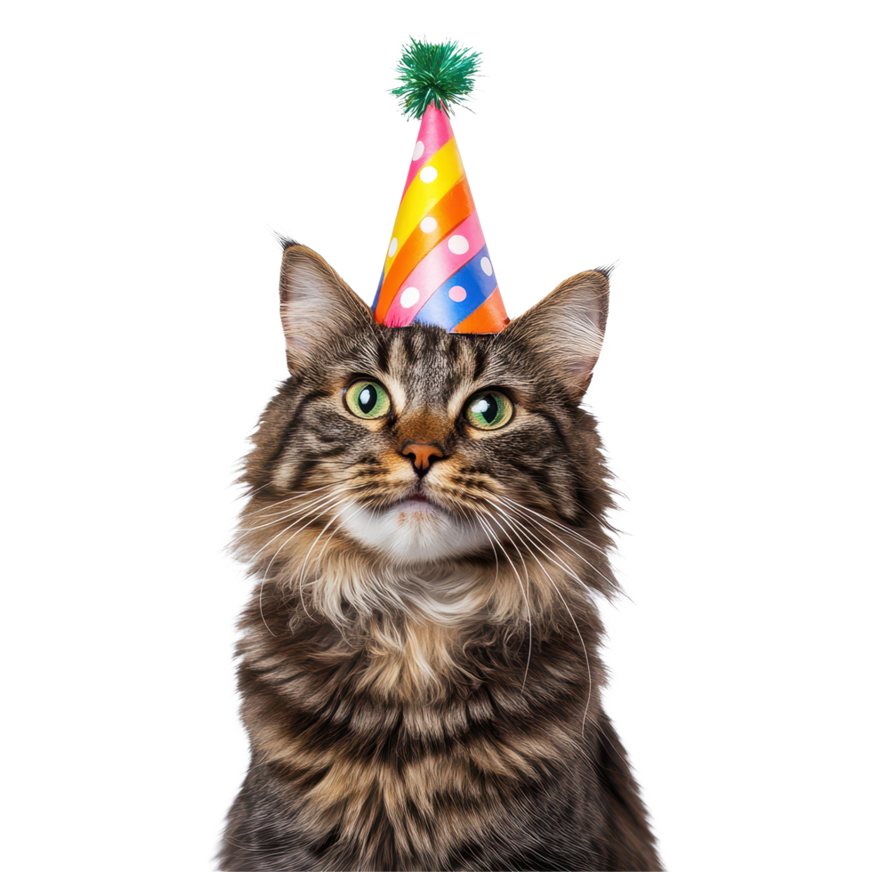 Happy cat wearing a colorful birthday hat with a playful expression against a white background, happy cat with birthday hat isolated on white background png