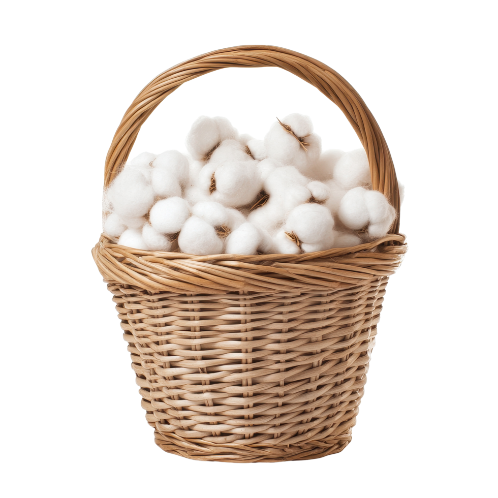 Cotton bolls in a woven basket isolated on a Transparent background showcasing natural beauty and texture, cotton in the basketisolated on background png