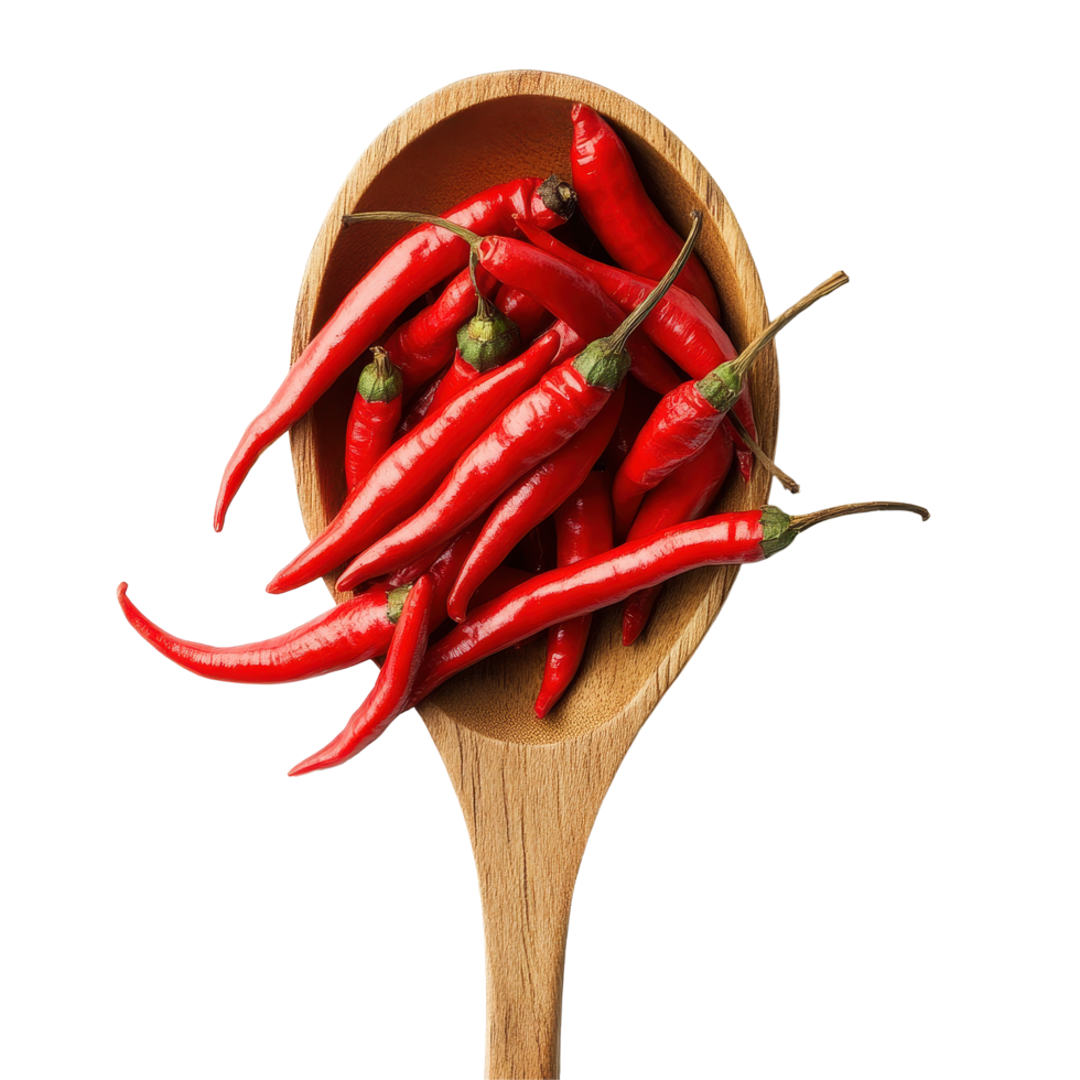 Red pepper piled in a wooden spoon against a clean Transparent background for culinary inspiration, pile of red pepper in wood spoon on background png