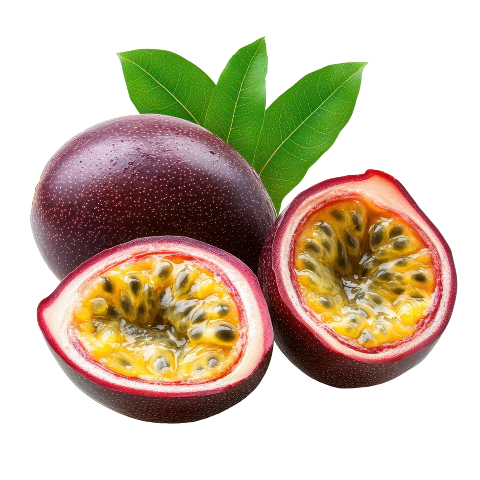 Young passion fruit showcasing vibrant color and juicy texture, perfect for culinary uses and nutritious snacking, Young Passion Fruit isolated on Transparent background png