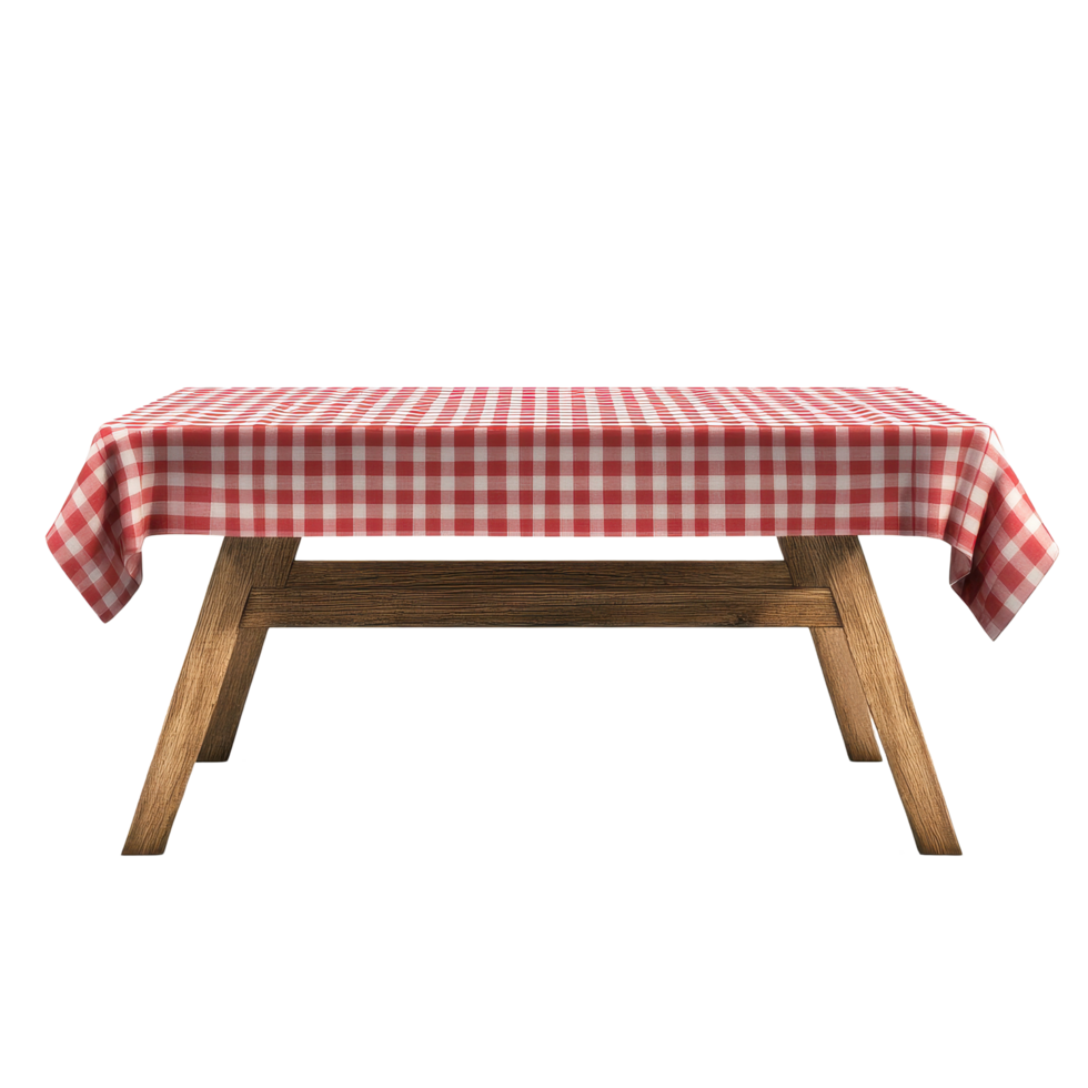 Picnic table adorned with red checkered tablecloth ready for outdoor gathering in a sunny park setting, Picnic Table with Red Checkered Tablecloth on Transparent background png