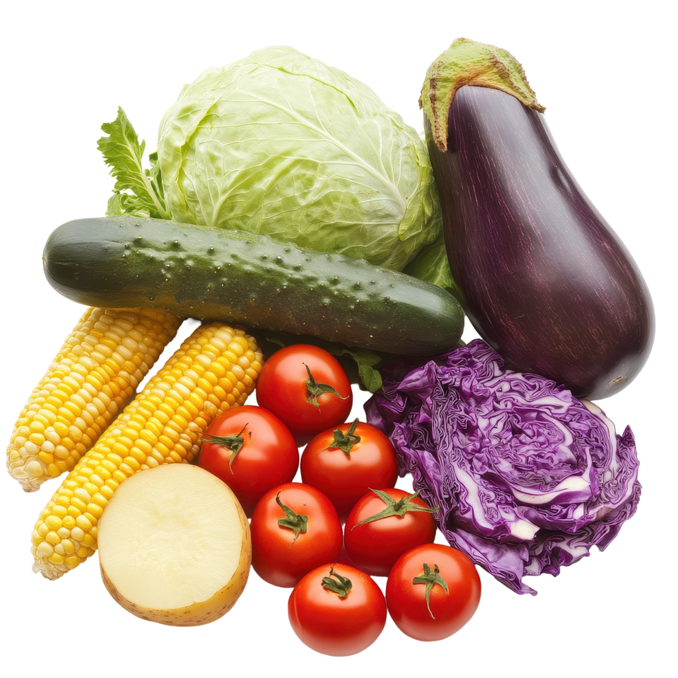 Freshly harvested vegetables featuring potatoes, cabbage, tomatoes, corn, cucumber, and eggplant in a vibrant display, Ripe vegetables potatoes, cabbage, tomatoes, corn, cucumbers png