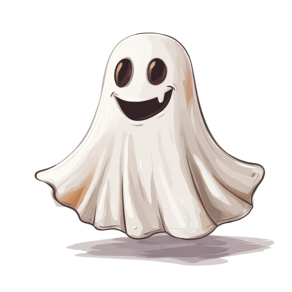 Cartoon Halloween ghost smiling cheerfully on a bright white background for festive decorations, Cartoon halloween ghost on white background png