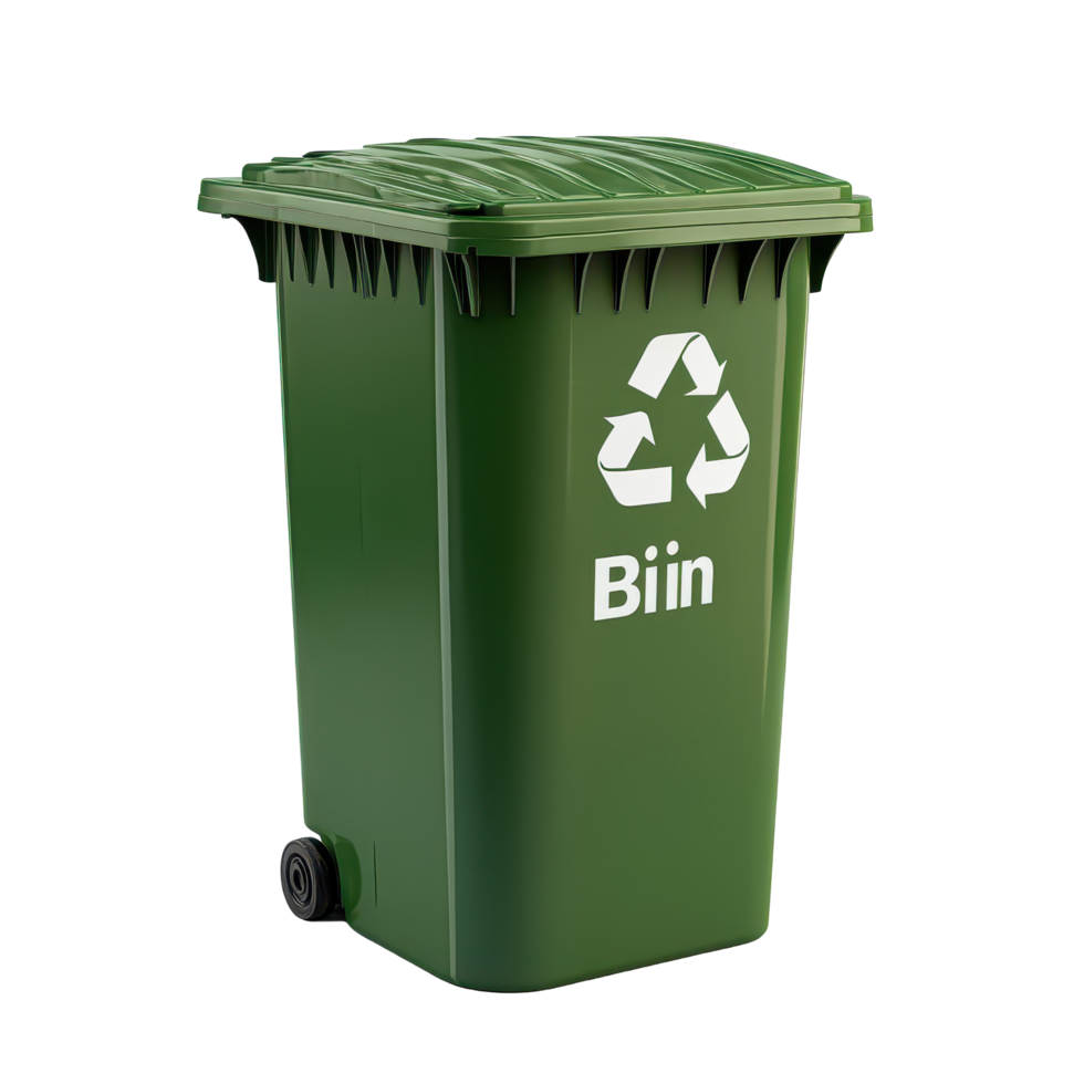 Green recycling bin with clear bin label against a simple white background, green bin with bin written on it, white background png