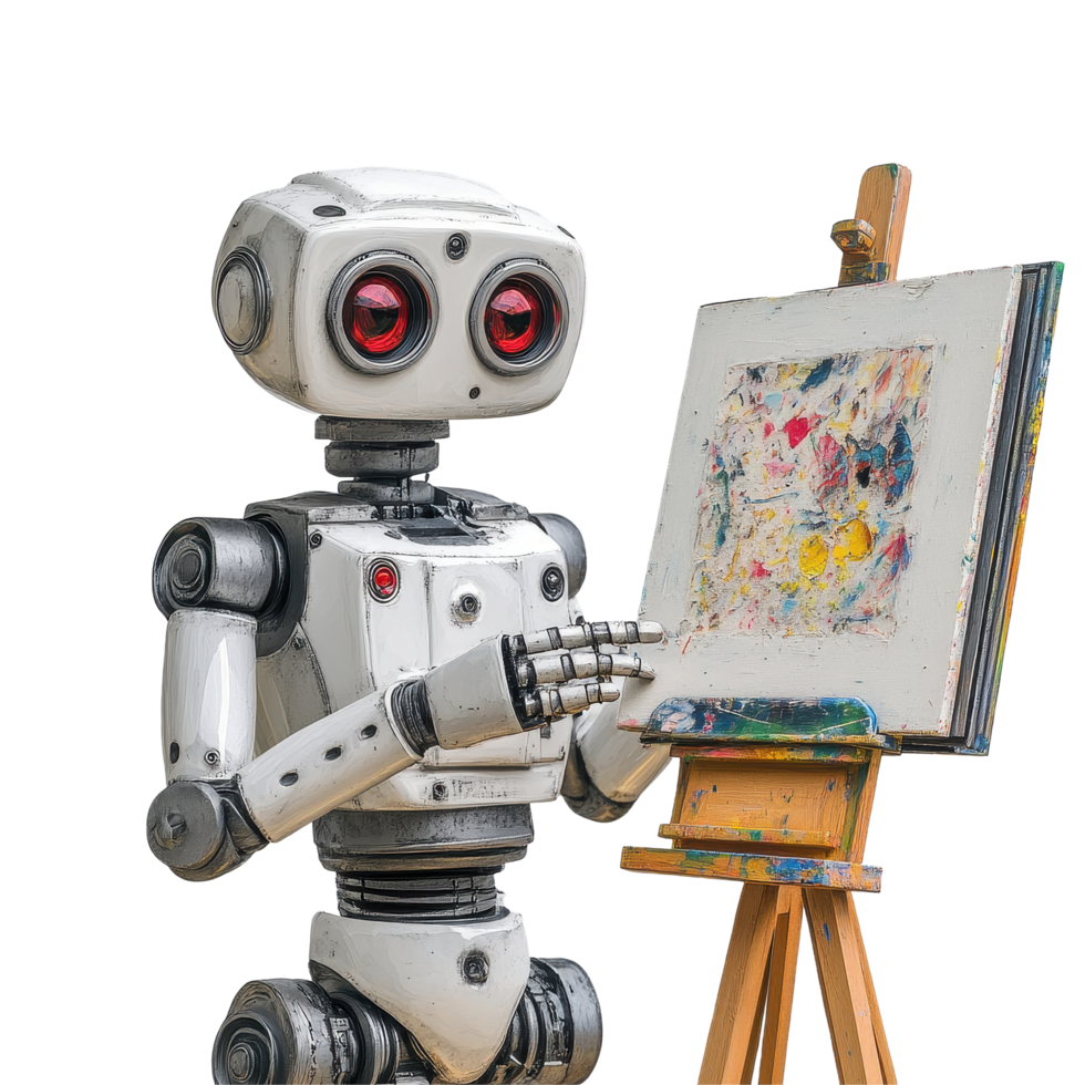 Robot creating art by holding a colorful painting on an easel against a Transparent background, Robot Holding Painting on Easel. background png