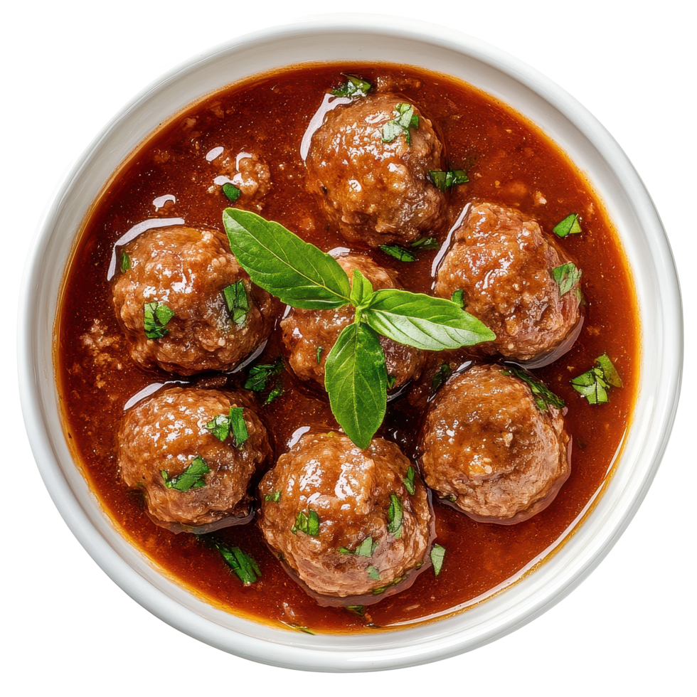 Savory meatballs in rich gravy served in a bowl on a Transparent background, Meatball and gravy isolated on background png