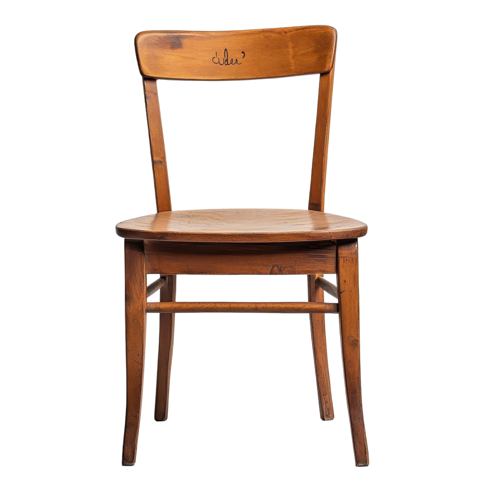 Wooden chair with a name engraved, suitable for cozy interiors or rustic spaces, wooden chair with a back and seat with a name on it Transparent background png