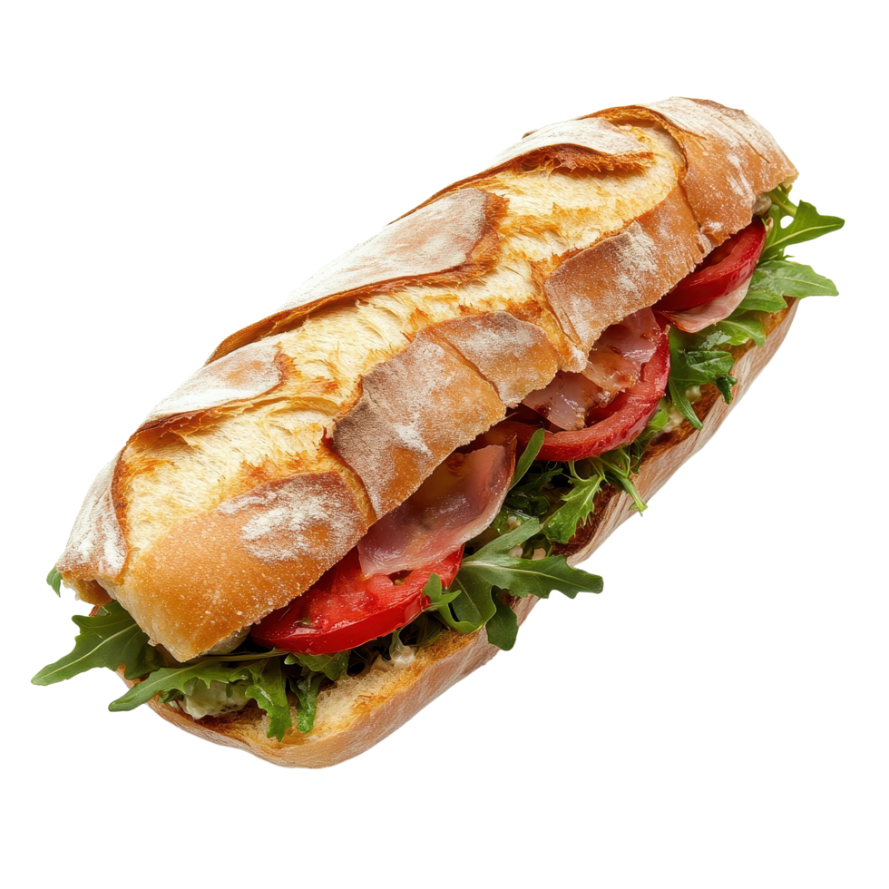 Delicious ciabatta sandwich filled with fresh vegetables and ham isolated on white background with gigapixel quality, Ciabatta sandwich isolated on white background png