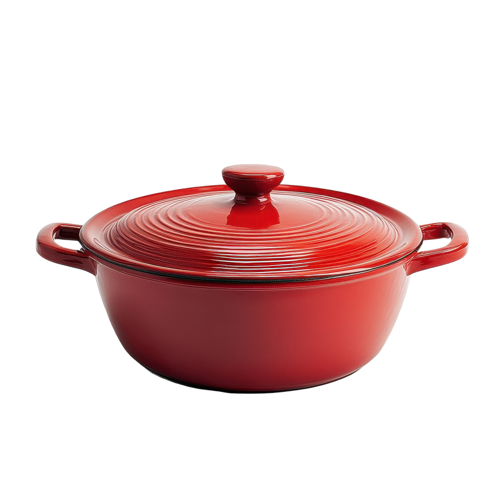 Red ceramic casserole pot showcasing vibrant color and elegant design on a minimal Transparent background, Red Ceramic Casserole Pot, background png