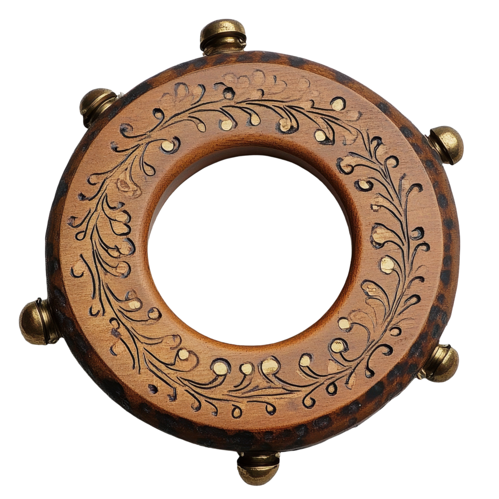 Decorative wooden tambourine with intricate carvings and jingles on a smooth surface, Music tambourine with path, jingle musical instrument png