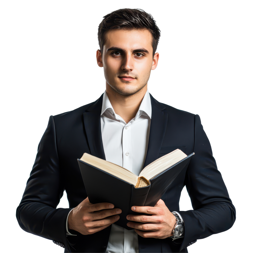 Young businessman in suit holding a book with a neutral background in a professional setting, Young businessman in suit with book on background Transparent background png