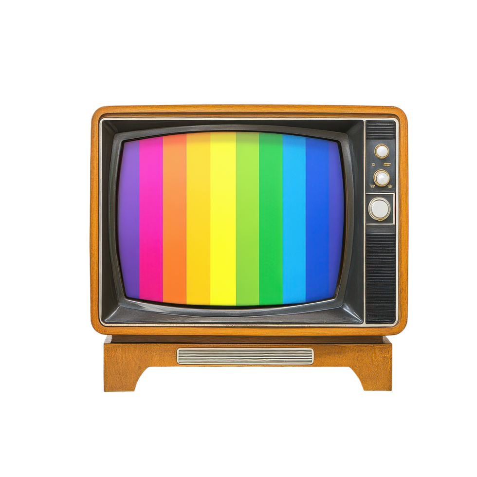 Vintage television displaying a vibrant rainbow screen placed on a white table against a neutral background, television with a rainbow screen on a table, Transparent background png