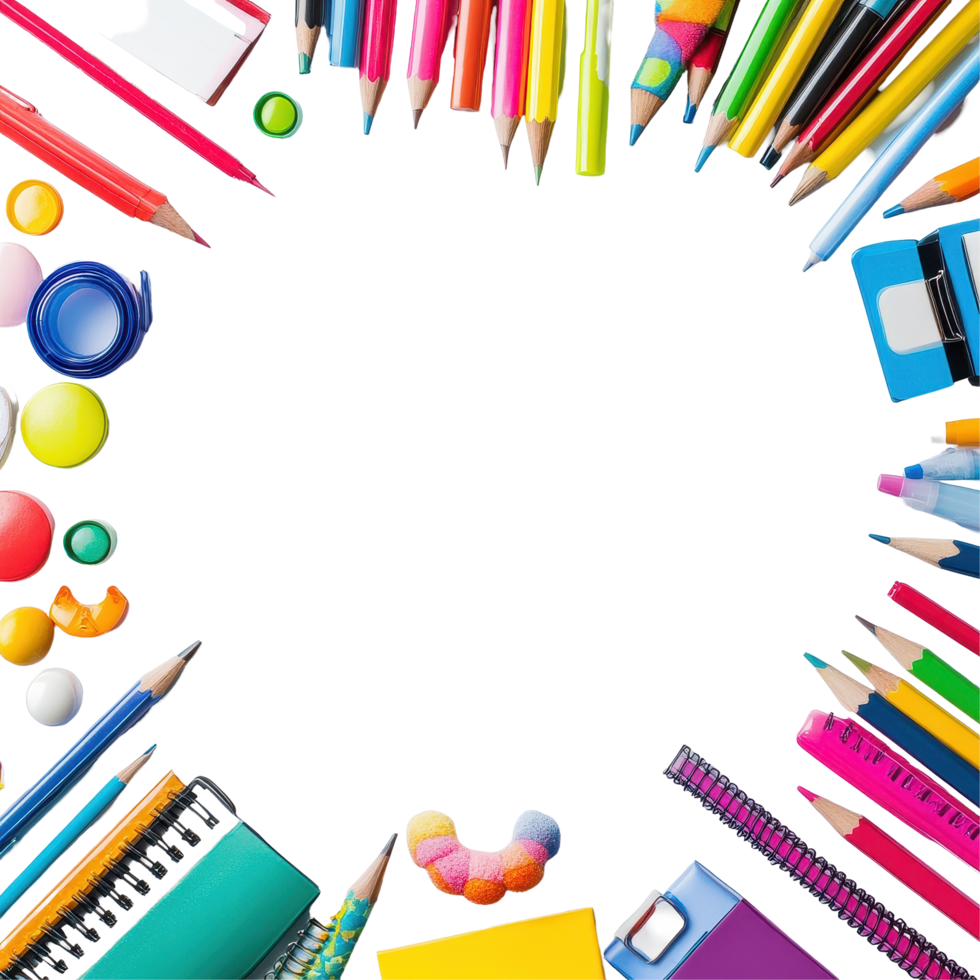 Colorful school supplies arranged on a Transparent background ready for creative projects and learning activities, Colorful school supplies with copy space on background png