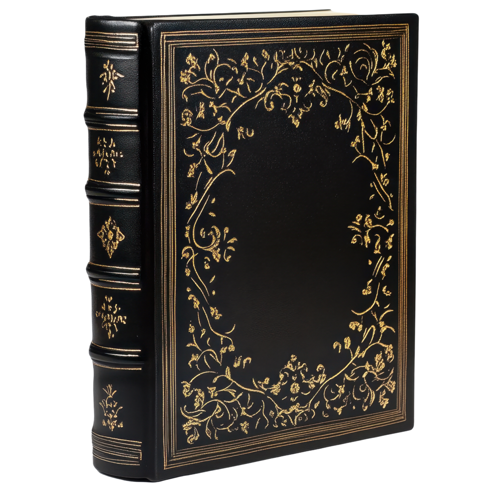 Large black book with ornate gold lettering resting on a simple background, large book with a black cover and gold lettering, Transparent background png