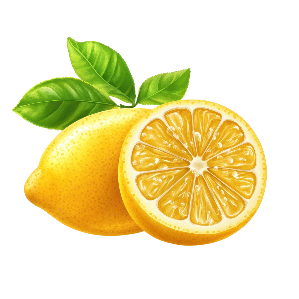 Fresh lemon fruit with vibrant leaves and a halved section showcasing juicy interior on Transparent background, lemon fruit with leaves and half isolated, Fresh and Juicy Lemon, isolated on png