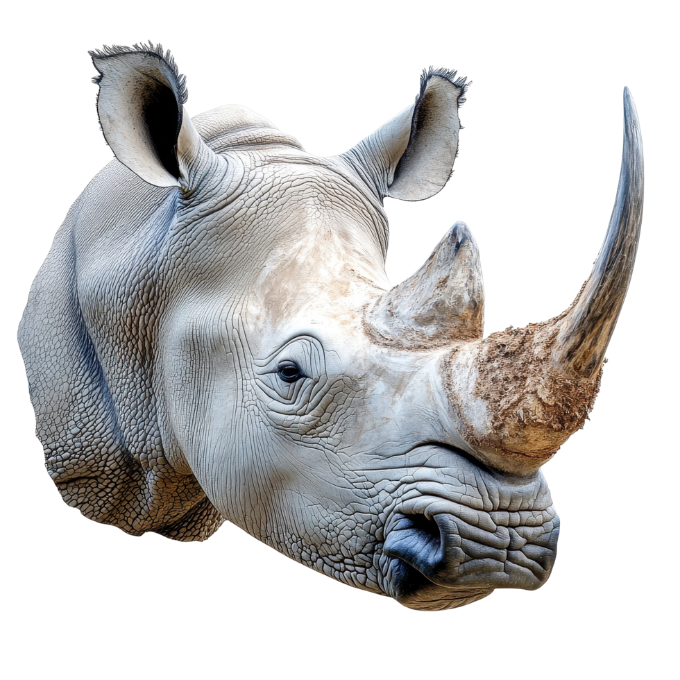Close up view of a rhinoceros face with distinctive features against a Transparent background, rhinocero face shot isolated on background png
