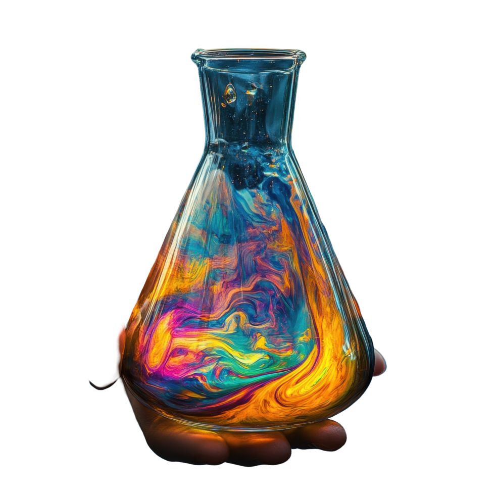 Holding a colorful Erlenmeyer flask with swirling liquids in a dimly lit environment, Hand holding Erlenmeyer flask with colorful substance in it png