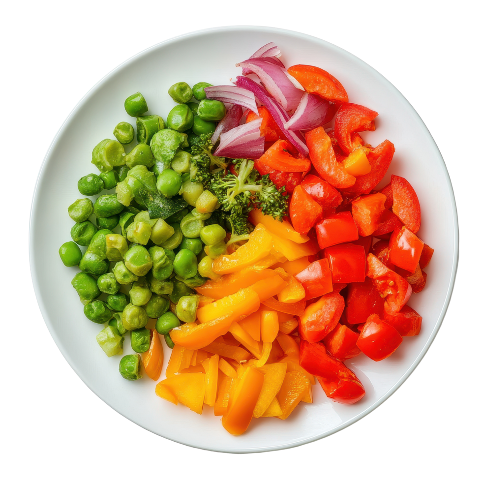Fresh vegetable mix served in a white plate showcasing vibrant colors and textures, Vegetable mix in white plate top view isolated on Transparent background png