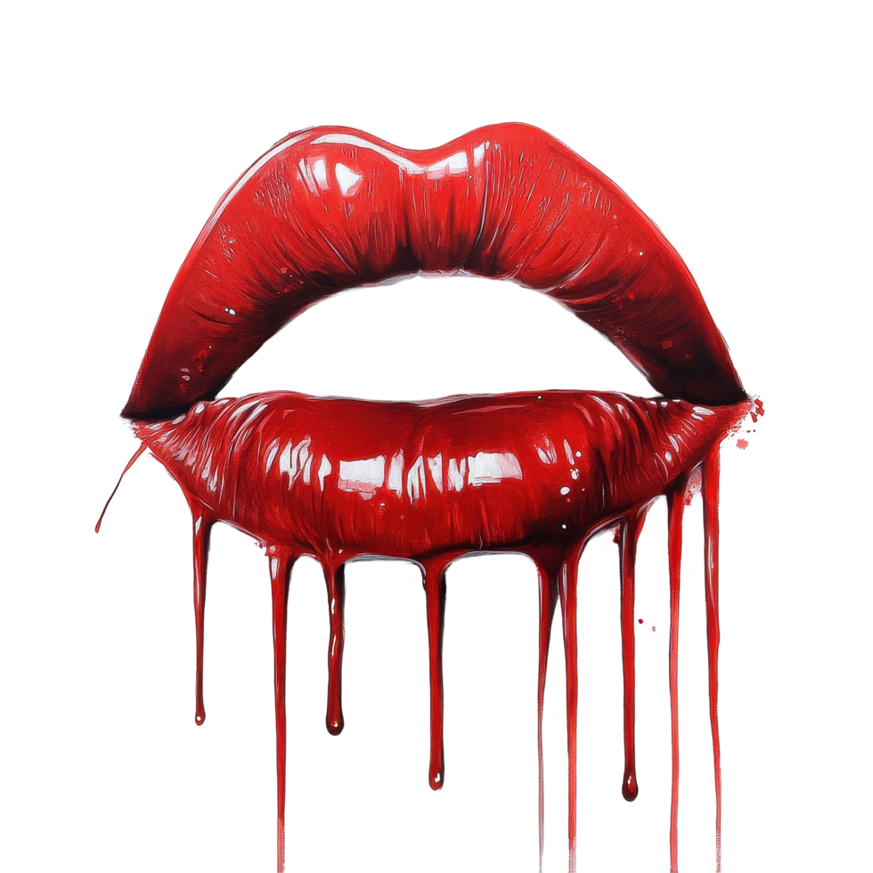 Hand painted red lips dripping vivid red paint against a Transparent background showcasing artistic expression, red lips, hand painted red lips, and dripping red lips, background png