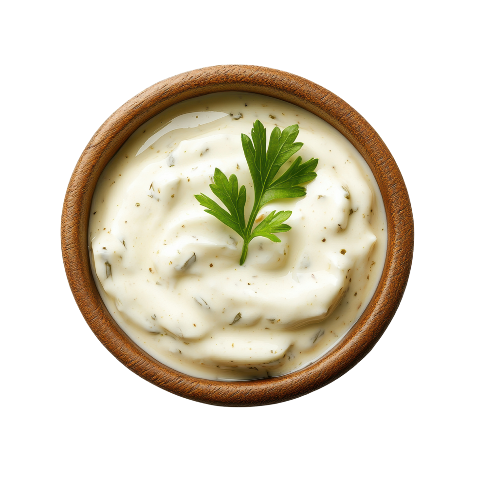 Tartar sauce in a wooden bowl with a sprig of parsley on a clean Transparent background, Tomato sauce in a bowl isolated on background png