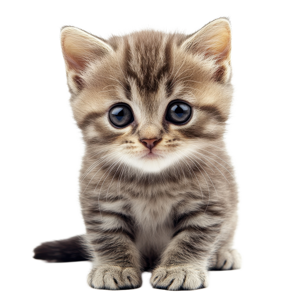 Cute striped kitten sitting on a Transparent background looking curiously at the viewer, kittensisolated on background png