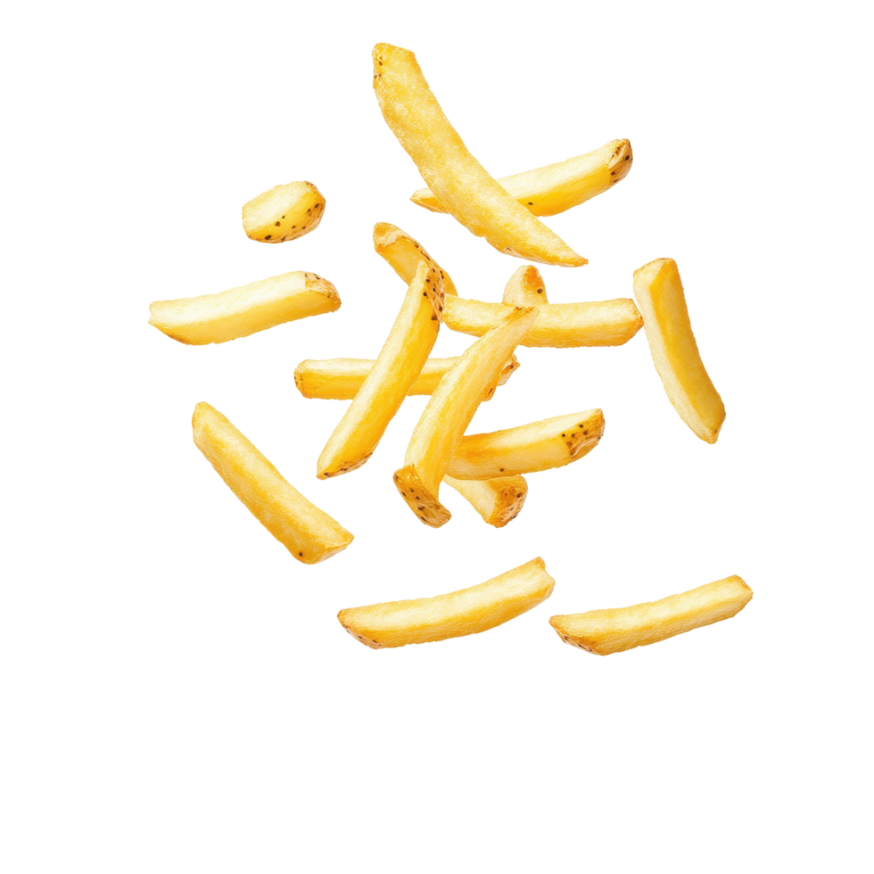 Falling French fries in mid air showcase their golden color and crispy texture for food lovers, falling or flying French fries, potato fry isolated white background png