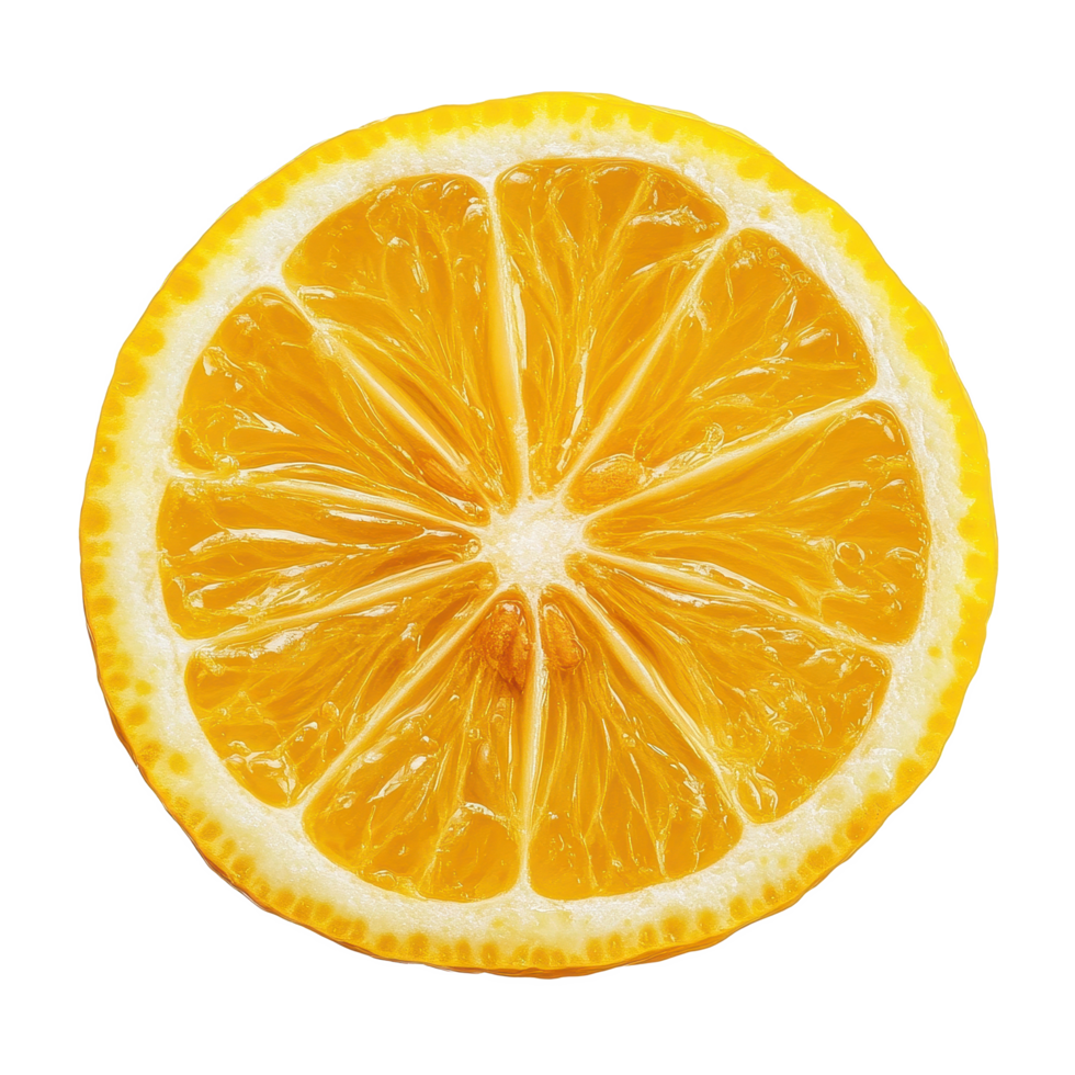 Fresh lemon slice displaying vibrant yellow juice and textured pulp on a clean Transparent background, slice of lemon citrus fruit on background png