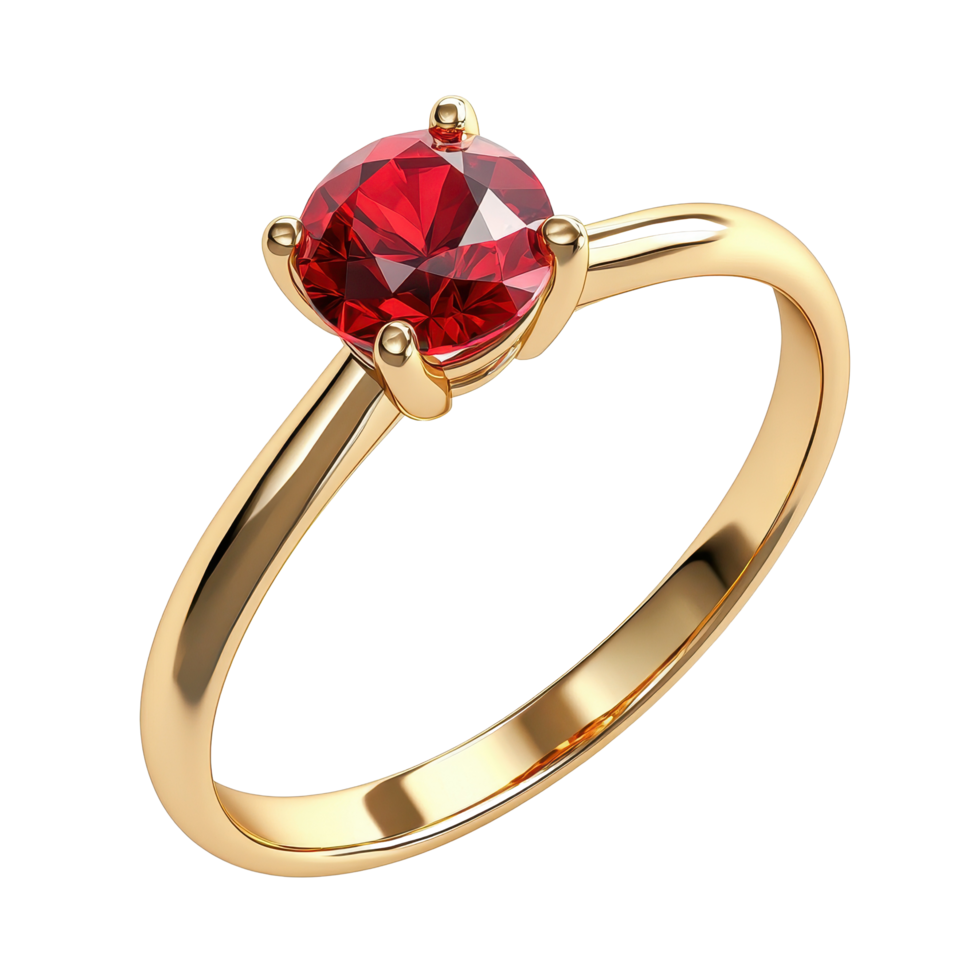 Elegant ruby ring showcasing a stunning red gemstone on a sleek golden band against a Transparent background, ring with a ruby isolated on background png