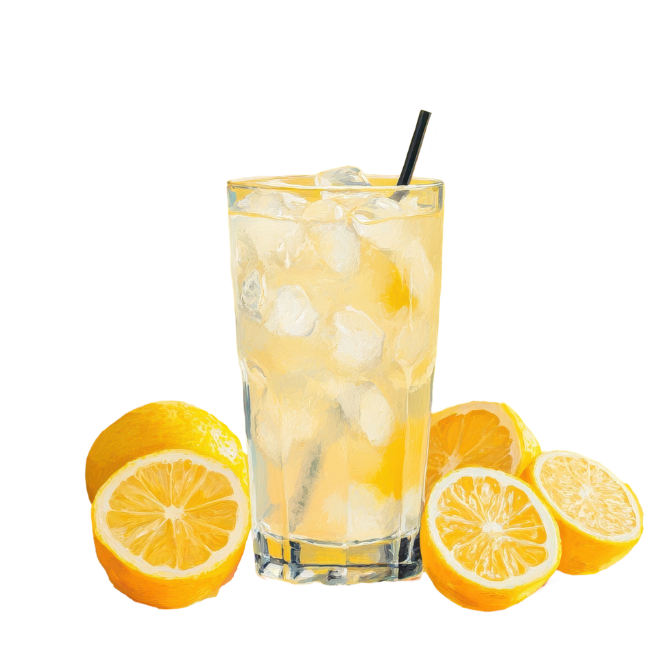 Refreshing ice cold lemonade served in a tall glass surrounded by fresh lemons on a bright yellow background, Ice Cold Lemonade png