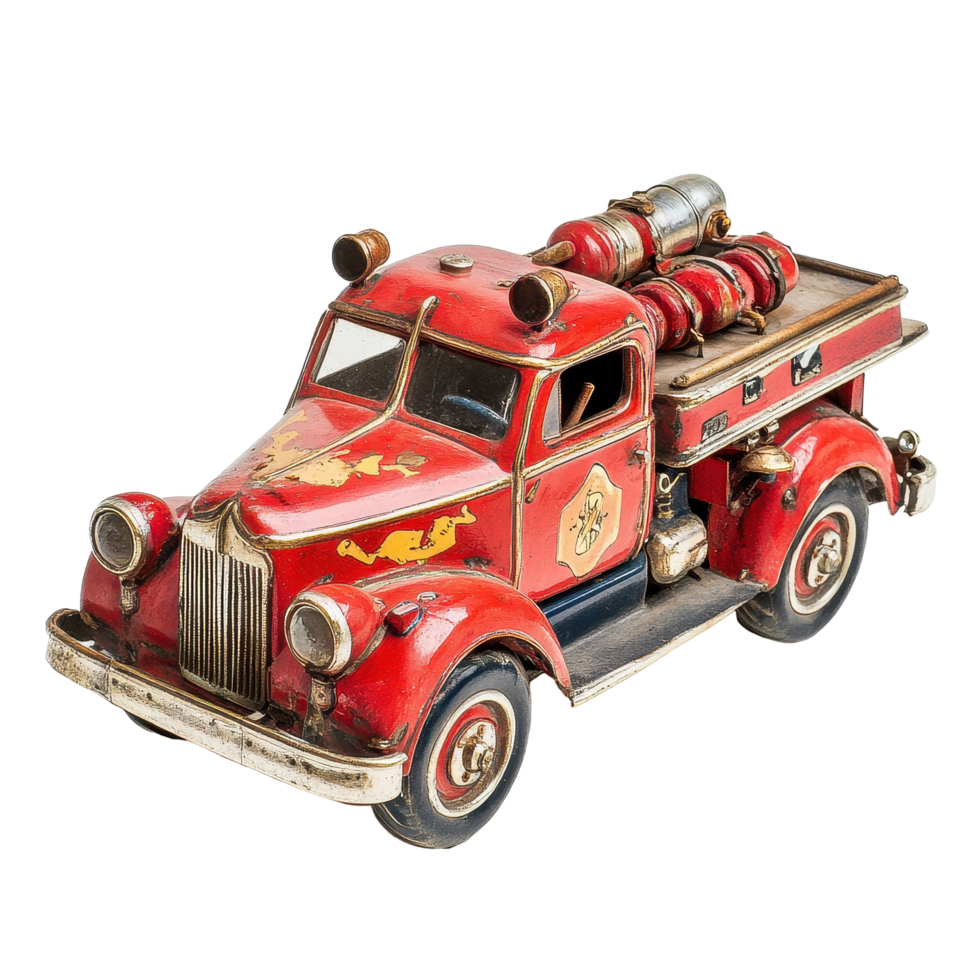 Classic toy fire engine displays vibrant red color on simple Transparent background for collection viewing, Toy,model fire engine, background png