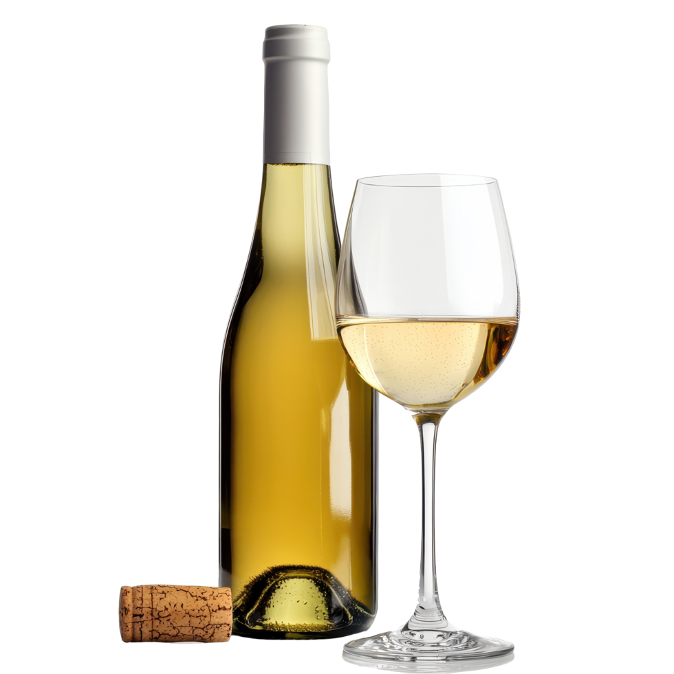 Enjoying a refreshing glass of white wine alongside a bottle and cork on a bright background, White wine bottle and glass and cork Transparent background png