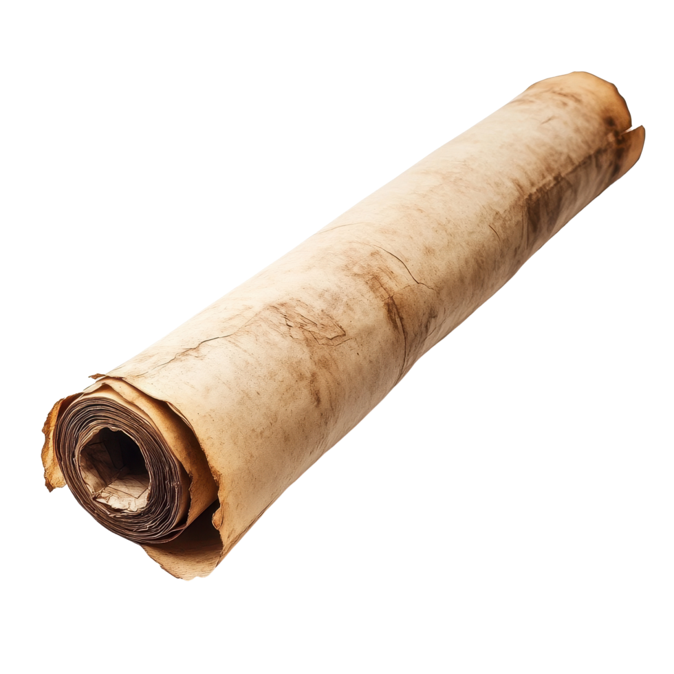 Ancient parchment scroll showing signs of age and history, perfect for decorative or educational use, Old Parchment Paper Scroll, Papyrus Roll isolated on Transparent background png