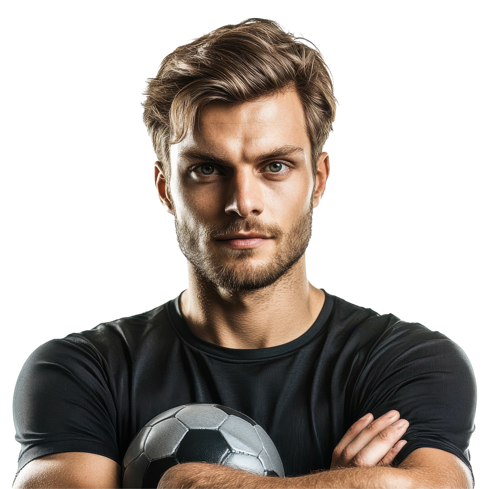 Young sporty man confidently posing with a soccer ball on a Transparent background, Portrait young handsome sporty man with ball isolated on background png