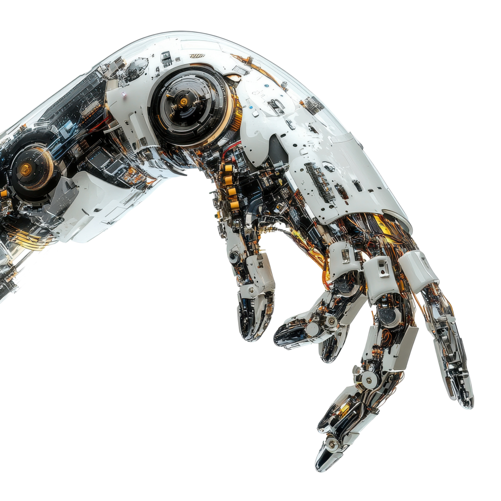 Mechanical arm with intricate circuitry showcased against a clean Transparent background, Mechanical arm and circuit core background png