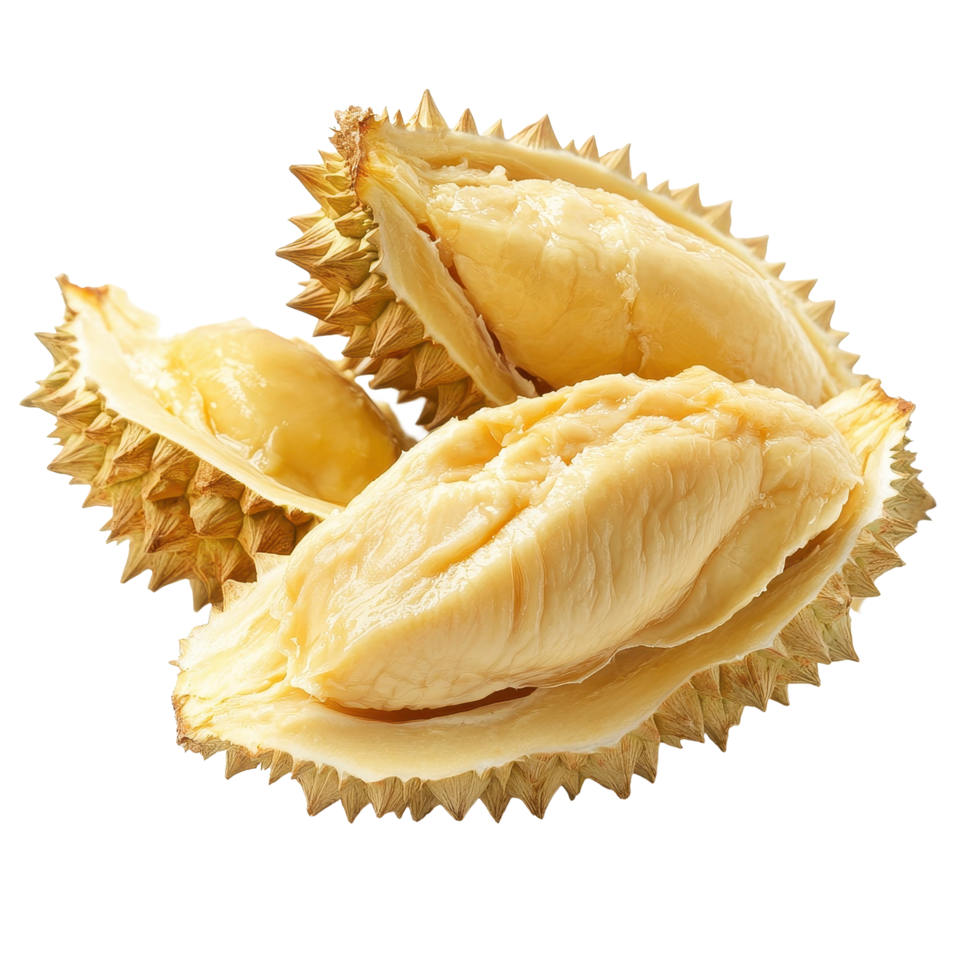 Durian peels showing creamy flesh on a Transparent background ideal for culinary exploration and tropical flavors, durian peels isolated on background png