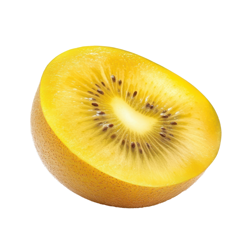 Yellow gold kiwi fruit cut in half on a Transparent background showcasing its vibrant color and texture, yellow gold kiwi fruit isolated on background png