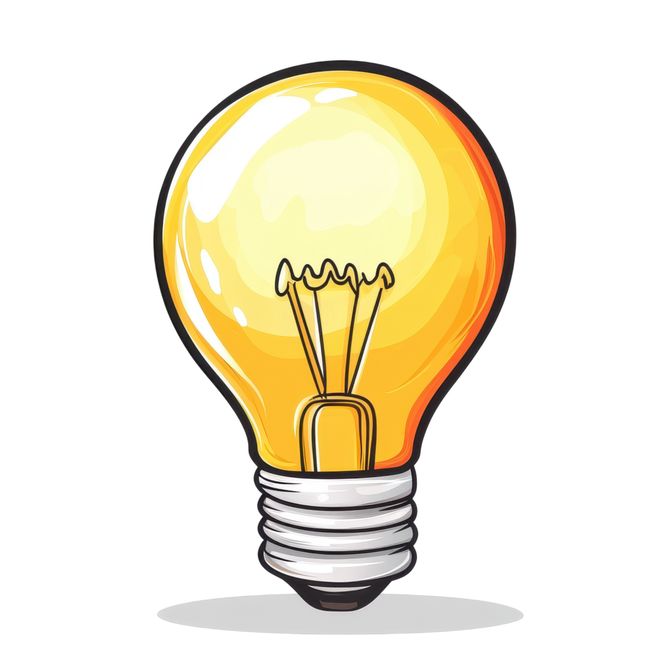Cartoon light bulb graphic in bright yellow color on a white background with a simple design, Cartoon light bulb isolated on white background png