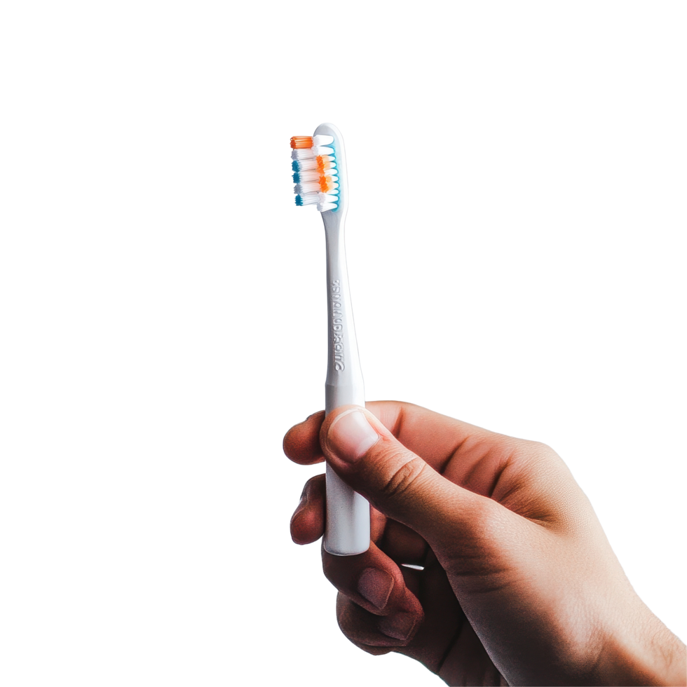 Person holds a toothbrush with toothpaste ready for a morning routine in a bright bathroom, person holding a toothbrush with toothpaste on it, Transparent background png