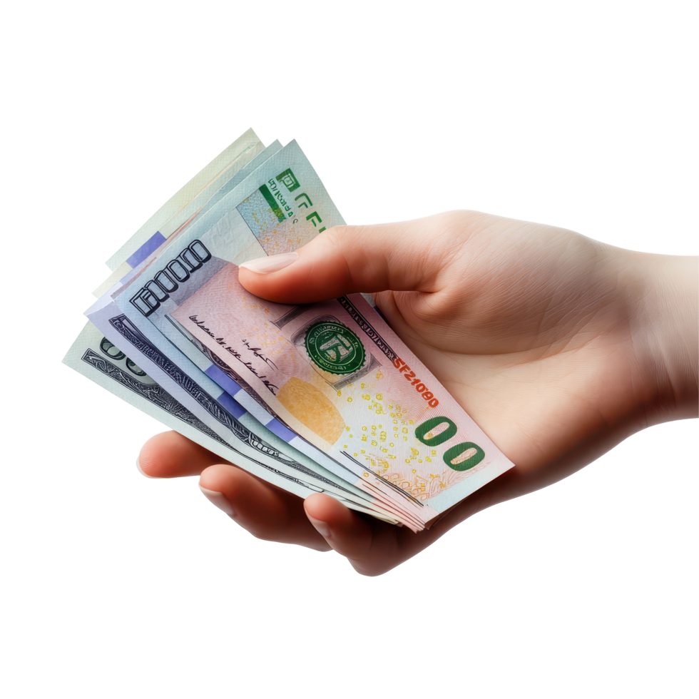 Womans hand holding banknotes in euros against a Transparent background showcasing financial transactions, Hand holding euro money isolated on background png